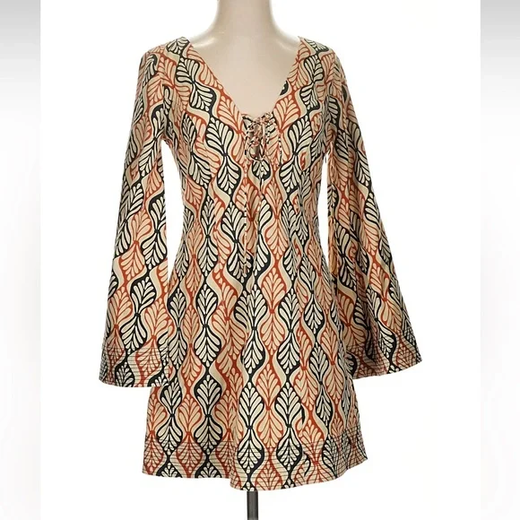 Free People Boho Tunic Dress Lace-Up Bell Sleeve Leaf Print – Small - Picture 1 of 7